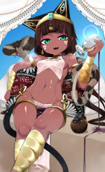 Rule 34 | 1girl, animal ears, ankh, aqua eyes, aquamarine (gemstone), armlet, bare shoulders, beetle, blunt bangs, bracer, breasts, brown hair, bug, cat ears, cat tail, chalice, circlet, cobra (animal), cup, curtains, dai yasude, dark-skinned female, dark skin, dung beetle, egyptian, egyptian clothes, facial mark, feet out of frame, highres, inguinal groove, insect, lens flare, long hair, looking at viewer, low twintails, navel, open mouth, original, pelvic curtain, pillow, pouring, revealing clothes, shin guards, sitting, small breasts, smile, smug, snake, solo, spill, suezu-chan, tail, thighlet, twintails, usekh collar, very long hair, wakamezake, wrist guards
