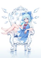 Rule 34 | 1girl, :p, bare legs, barefoot, blue bow, blue dress, blue eyes, blue hair, blush, bow, cirno, closed mouth, collared shirt, commentary request, crossed legs, dress, food, full body, hair bow, highres, holding, holding food, ice, looking at viewer, neck ribbon, pinafore dress, popsicle, red ribbon, ribbon, shirt, short hair, short sleeves, sitting, sleeveless dress, smile, solo, throne, tongue, tongue out, torinari (dtvisu), touhou, white shirt