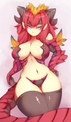 Rule 34 | 1girl, bad id, bad pixiv id, black thighhighs, blue eyes, breasts, capcom, cleavage, curvy, frown, gender request, genderswap, hand on own hip, hip focus, horns, large breasts, long hair, midriff, monster girl, monster hunter (series), navel, personification, pointy ears, red hair, simple background, solo, teostra, thick thighs, thighhighs, thighs, wide hips, zako (arvinry)