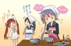 Rule 34 | 10s, 3girls, ahoge, akebono (kancolle), apron, arm up, bell, chocolate making, commentary request, cooking, closed eyes, flower, hair bell, hair flower, hair ornament, hair ribbon, kantai collection, kerchief, libeccio (kancolle), milk, miniskirt, mixing bowl, multiple girls, pursed lips, ribbon, saiguchi otoufu, school uniform, serafuku, side ponytail, skirt, sweater, translation request, twintails, ushio (kancolle), valentine