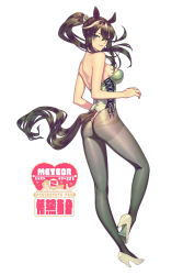 Rule 34 | 1girl, animal ears, arknights, bare arms, bare back, bare shoulders, breasts, brown hair, female focus, green eyes, high heels, highres, horse ears, horse tail, leotard, looking at viewer, meteor (arknights), playboy bunny, ponytail, sideboob, solo, tail, white background, yan wan