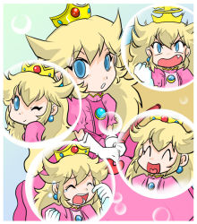 Rule 34 | 1girl, ^ ^, angry, blonde hair, blue background, blue eyes, closed eyes, crown, crying, dress, earrings, happy, heart, heart in mouth, image sample, jewelry, long hair, looking at viewer, looking back, mario (series), nintendo, one eye closed, parody, perry (mario), pixiv sample, princess, princess peach, resized, sad, shilfy yo, smile, super mario bros. 1, super princess peach, tears, umbrella, wink