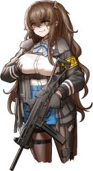 Rule 34 | 1girl, alternate breast size, alternate costume, breasts, brown hair, cheogtanbyeong, cosplay, girls&#039; frontline, gloves, grabbing, grabbing another&#039;s breast, grabbing own breast, grin, h&amp;k ump, h&amp;k ump, highres, jacket, large breasts, long hair, orange eyes, pantyhose, scar, scar across eye, scar on face, shaded face, side ponytail, sidelocks, skindentation, smile, solo, thigh strap, ump45 (girls&#039; frontline), very long hair, vsk-94 (girls&#039; frontline), vsk-94 (girls&#039; frontline) (cosplay)