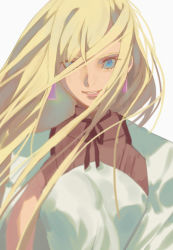 Rule 34 | 1girl, blonde hair, blue eyes, capelet, crazy eyes, crazy smile, eyebrows hidden by hair, floating hair, gigi andalusia, gundam, gundam hathaway&#039;s flash, long hair, parted lips, portrait, ryukusou, smile, solo, white background, white capelet