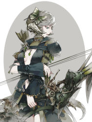 Rule 34 | 1girl, armor, arrow (projectile), au ra, bard (final fantasy), belt, bike shorts, bow (weapon), breasts, breasts apart, butterfly hair ornament, center opening, closed mouth, cowboy shot, dragon horns, dragon tail, drawing bow, facing viewer, final fantasy, final fantasy xiv, green eyes, grey hair, hair ornament, highres, holding, holding bow (weapon), holding weapon, horns, hug ff14, looking to the side, medium breasts, navel, pale skin, scales, short hair, shoulder armor, simple background, solo, tail, two-tone background, weapon