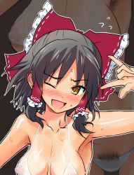 Rule 34 | 1girl, :d, areola slip, armpit hair, armpits, bikini, black hair, black pubic hair, blush, bow, breasts, cleavage, cookie (touhou), covered erect nipples, female pubic hair, flying sweatdrops, frilled bow, frilled hair tubes, frills, hair bow, hair tubes, hakurei reimu, looking at viewer, m/, medium breasts, medium hair, nipples, nose blush, one eye closed, open mouth, pubic hair, red bow, sananana (cookie), see-through, smile, solo, sweat, swimsuit, touhou, upper body, white bikini, yamabe no akahito, yellow eyes, zoom layer