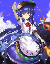 Rule 34 | 1girl, arm above head, arm up, blue hair, blue ribbon, blue sky, cloud, commentary, day, dress, embers, fire, food, frilled skirt, frills, fruit, hair between eyes, hat, hinanawi tenshi, holding, holding weapon, keystone, layered dress, leaf, light smile, long hair, looking at viewer, neck ribbon, outdoors, peach, piyodesu, puffy short sleeves, puffy sleeves, red eyes, red ribbon, ribbon, rope, sash, shimenawa, short sleeves, skirt, sky, solo, sword of hisou, touhou, very long hair, weapon