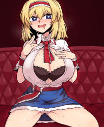 Rule 34 | 1girl, alice margatroid, ascot, black bra, blonde hair, blue dress, blue eyes, blue skirt, bra, breasts, cleavage, couch, dress, formicid, frilled ascot, frills, hairband, hand on own chest, heart, heart-shaped pupils, highres, hypnosis, large breasts, lolita hairband, mind control, open mouth, panties, pointing, pointing at self, puffy short sleeves, puffy sleeves, red ascot, red hairband, short hair, short sleeves, skirt, solo, spread legs, sweat, symbol-shaped pupils, thighs, touhou, underwear, white panties