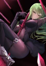 Rule 34 | 1girl, absurdres, arm up, black background, black bodysuit, blurry, blush, bodysuit, breasts, budgiepon, c.c., code geass, commentary, cosplay, depth of field, eyelashes, fate/grand order, fate (series), green hair, hair between eyes, hair spread out, hand up, highres, holding, holding polearm, holding weapon, long hair, looking at viewer, looking to the side, medium breasts, nose, parted lips, polearm, purple bodysuit, scathach (fate), scathach (fate) (cosplay), simple background, solo, spear, thighs, very long hair, weapon, yellow eyes