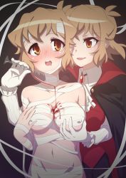Rule 34 | 2girls, alcohol, black cape, blonde hair, blush, grabbing another&#039;s breast, breasts, cape, cosplay, covered erect nipples, cup, drinking glass, drunk, fang, grabbing, grabbing from behind, gradient background, grey background, groin, highres, large breasts, looking at another, multiple girls, mummy costume, navel, open mouth, selfcest, senki zesshou symphogear, short hair, simple background, smile, tachibana hibiki (symphogear), upper body, vampire costume, wine, wine glass, yellow eyes, yukitsuba hina, yuri