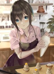 Rule 34 | 1girl, absurdres, akashi maho, apron, black apron, black hair, blue eyes, blurry, blurry background, blush, breast pocket, collared shirt, cowboy shot, cupcake, d4dj, day, dress shirt, food, hair between eyes, highres, icing, indoors, kitchen, leaning forward, light particles, lips, looking at viewer, multicolored hair, open collar, parted lips, pastry bag, pink shirt, pocket, shirt, short hair, short sleeves, sidelocks, solo, spaghetti strap, standing, streaked hair, sunlight, upturned eyes, wing collar, yache