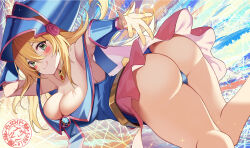 Rule 34 | 1girl, :q, ass, back, blonde hair, blue footwear, blue hat, blue leotard, blush stickers, breasts, dark magician girl, duel monster, green eyes, hat, highres, huge ass, large breasts, leotard, long hair, looking back, magical girl, pentagram, second-party source, skirt, smile, solo, tongue, tongue out, udon (udonalium), very long hair, wide hips, wizard hat, yu-gi-oh!, yu-gi-oh! duel monsters