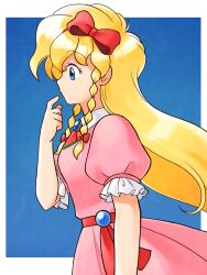 Rule 34 | 1girl, betabetamaru, blonde hair, blue eyes, bow, braid, breasts, castlevania (series), castlevania: rondo of blood, commentary request, dress, from side, hair bow, hairband, highres, long hair, low twin braids, maria renard, medium breasts, pink dress, profile, puffy short sleeves, puffy sleeves, red bow, red hairband, short sleeves, solo, twin braids, very long hair