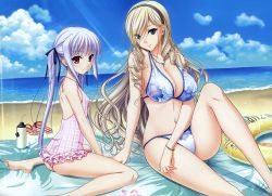 Rule 34 | 10s, 2girls, absurdres, age difference, arm support, bangle, bare shoulders, barefoot, beach, bikini, blue eyes, bracelet, breasts, casual one-piece swimsuit, celia kumani entory, cloud, cross, drill hair, feet, floral print, flower, frills, hair ribbon, hairband, highres, innertube, jewelry, komori kei, large breasts, legs, light rays, lisa eostre, long hair, looking at viewer, multiple girls, nail polish, navel, one-piece swimsuit, purple eyes, ribbon, sitting, size difference, small breasts, smile, soles, sunbeam, sunlight, swim ring, swimsuit, thermos, thighs, twin drills, twintails, walkure romanze, wariza