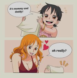 Rule 34 | 2girls, black hair, brown eyes, chandllucky, drawing, highres, humor, if they mated, long hair, monkey d. luffy, mother and daughter, multiple girls, nami (one piece), one piece, orange hair, original, short hair, smile, speech bubble