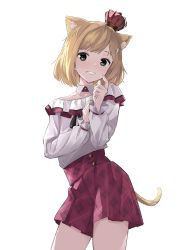 Rule 34 | 1boy, absurdres, animal ear fluff, animal ears, bare legs, blonde hair, blouse, cat tail, clenched teeth, commentary, crown, detached collar, finger to cheek, green eyes, highres, looking at viewer, male focus, mini crown, morio926, nijisanji, off shoulder, pointing, pointing at self, puffy sleeves, red skirt, shirt, simple background, skirt, smile, solo, suzuya aki, swept bangs, tail, teeth, trap, virtual youtuber, white background, white shirt