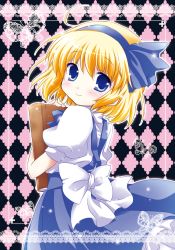 Rule 34 | 1girl, alice margatroid, alice margatroid (pc-98), argyle, argyle background, argyle clothes, bad id, bad pixiv id, blonde hair, blue eyes, book, border, bug, butterfly, checkered background, doily, dress, female focus, hairband, holding, insect, lace, lace border, looking at viewer, mystic square, ornate border, short sleeves, smile, solo, touhou, touhou (pc-98), white-brown