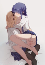 Rule 34 | 2girls, arms around neck, barefoot, black dress, black hairband, black legwear, blonde hair, blue skirt, chinese commentary, closed eyes, commentary request, dress, feet, furude rika, grey background, hairband, hand on another&#039;s back, highres, higurashi no naku koro ni, houjou satoko, imminent bite, long hair, long sleeves, medium hair, multiple girls, necktie, open clothes, open mouth, open shirt, panties, panty pull, pantyhose, pink panties, pleated skirt, purple hair, pussy, pussy juice, pussy juice trail, red necktie, school uniform, shirt, sitting, sitting on lap, sitting on person, skirt, toes, uncensored, underwear, usamin (megumikira), white shirt, yuri