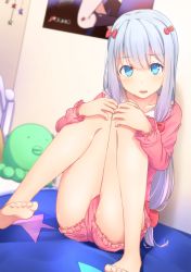 Rule 34 | 10s, 1girl, barefoot, blue eyes, blue hair, blurry, blush, bow, collarbone, cuon (kuon), depth of field, dutch angle, eromanga sensei, feet, frills, hair bow, hands on own knees, highres, hugging own legs, indoors, izumi sagiri, knees together feet apart, knees up, long hair, long sleeves, looking at viewer, low-tied long hair, on bed, pajamas, parted lips, pink bow, sitting, solo, stuffed animal, stuffed octopus, stuffed toy, thighs