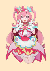 Rule 34 | 1girl, absurdres, bow, brooch, chinese commentary, cone hair bun, cure precious, delicious party precure, double v, dress, eyebrows hidden by hair, gloves, hair bow, hair bun, heart, heart brooch, highres, jewelry, magical girl, medium hair, nagomi yui, pink background, pink bow, pink dress, precure, purple eyes, smile, two side up, v, white gloves, yuer (user ecrv4275)