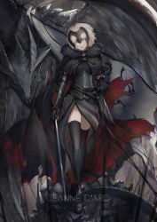 Rule 34 | 1girl, armor, armored dress, black cape, black dress, black thighhighs, cape, character name, dragon, dress, fate/grand order, fate (series), faulds, floating hair, fur-trimmed cape, fur trim, gauntlets, headpiece, highres, holding, holding sword, holding weapon, jeanne d&#039;arc (fate), jeanne d&#039;arc alter (avenger) (fate), jeanne d&#039;arc alter (fate), looking at viewer, marumoru, open mouth, sheath, short hair, side slit, silver hair, solo, standing, sword, thighhighs, torn cape, torn clothes, weapon, yellow eyes