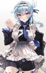 Rule 34 | 1girl, absurdres, apron, blue hair, blush, breasts, commentary request, eula (genshin impact), genshin impact, hair between eyes, hair ornament, hairband, highres, ichiyume ichiyu, large breasts, looking at viewer, maid, maid apron, maid headdress, necktie, open mouth, purple eyes, solo, thighhighs, thighs, white background