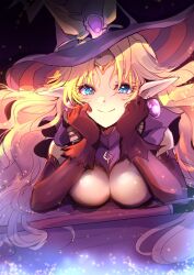 Rule 34 | 1girl, any813, blonde hair, blue eyes, breasts, cleavage, closed mouth, dress, earrings, esper (saga 2), gloves, halloween, halloween costume, hat, highres, jewelry, large breasts, long hair, looking at viewer, medium breasts, pointy ears, saga, saga 2, smile, solo, witch hat