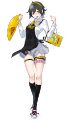 Rule 34 | 1girl, apron, bag, bandai, bare legs, black hair, black socks, bow, bowtie, breasts, bridal garter, converse, digimon, digimon story: cyber sleuth, employee uniform, female focus, full body, grey skirt, hairband, kneehighs, logo, long sleeves, looking at viewer, name tag, official art, open mouth, orange eyes, pink footwear, pleated skirt, shiny skin, shirt, shoes, shopping bag, short hair, simple background, skindentation, skirt, smile, sneakers, socks, solo, tawa reiko, tower records, toweranime, uniform, white shirt, yasuda suzuhito, yellow bow, yellow bowtie, yellow hairband