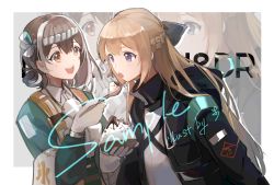 Rule 34 | 2girls, arknights, bandana, blonde hair, blue eyes, border, bowl, braid, brown hair, chinese commentary, chocolate syrup, collared shirt, commentary request, doctor (arknights), feeding, female doctor (arknights), food, gloves, hair bun, hair ribbon, highres, holding, holding spoon, leaning forward, light blush, looking at another, magallan (arknights), magallan (shaved-ice memories) (arknights), multiple girls, open mouth, oversized clothes, rhodes island logo (arknights), ribbon, sample watermark, shaved ice, shirt, sidelocks, single hair bun, smile, spoon, tianye toshi, watermark, white background, white bandana, white gloves, white hair, white shirt