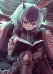 Rule 34 | 1girl, absurdres, black dress, blue hair, blurry, blurry background, blush, book, boots, closed mouth, curiosities of lotus asia, depth of field, dress, frilled skirt, frills, grey eyes, head wings, highres, holding, holding book, horns, looking down, multicolored hair, open book, reiesu (reis), short hair, sitting, skirt, smile, solo, tokiko (touhou), touhou, two-tone hair, white hair, wings