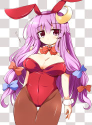 Rule 34 | 1girl, alternate costume, animal ears, bow, bowtie, breasts, checkered background, cleavage, crescent, crescent hair ornament, detached collar, fake animal ears, hair ornament, highres, large breasts, long hair, pantyhose, patchouli knowledge, playboy bunny, purple eyes, purple hair, shirogane (platinum), solo, touhou, wrist cuffs