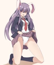 Rule 34 | 1girl, animal ears, beige background, black jacket, black socks, blazer, breasts, clothes lift, commentary request, full body, hair between eyes, highres, jacket, kneehighs, kneeling, lifted by self, long hair, looking at viewer, medium breasts, miniskirt, necktie, no shoes, open mouth, panties, pleated skirt, purple eyes, purple hair, purple skirt, rabbit ears, red necktie, reisen udongein inaba, shadow, shirt, sidelocks, simple background, skirt, skirt lift, socks, solo, thighs, touhou, underwear, vel0x s, very long hair, white panties, white shirt, wing collar
