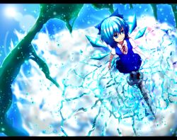 Rule 34 | 1girl, bad id, bad pixiv id, blue dress, blue eyes, blue hair, bow, cirno, dress, from above, grin, hair bow, highres, ice, ice wings, lens flare, letterboxed, matching hair/eyes, mukyousou, perspective, pillar, ribbon, short hair, smile, solo, touhou, wings