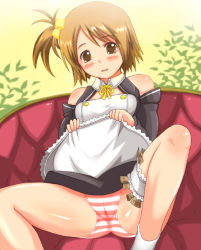 Rule 34 | 1girl, blush, brown eyes, brown hair, cameltoe, clothes lift, cube hair ornament, detached sleeves, dream c club, dream c club (series), hair ornament, money, panties, pussy juice, setsu (dream c club), shiina you (tomoshibi), side ponytail, skirt, skirt lift, socks, solo, striped clothes, striped panties, underwear, upskirt, wet, wet clothes, wet panties