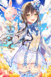 Rule 34 | 1girl, :d, bad id, bad pixiv id, balloon, bang dream!, blue eyes, blue ribbon, blue shirt, blush, brooch, brown hair, center frills, cloud, collared shirt, commentary request, confetti, corsage, cross-laced clothes, earrings, flower, frills, gloves, hair ribbon, half gloves, hanazono tae, hat, hat ribbon, highres, jacket, jewelry, long hair, looking at viewer, open mouth, outdoors, petals, rabbit, ribbon, shirt, short shorts, shorts, smile, solo, sparkle, striped, suspender shorts, suspenders, taya oco, thighhighs, vertical stripes, vest, w, water drop, white gloves, white hat, white jacket, white shorts, yellow eyes, yellow flower, yellow vest