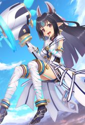 Rule 34 | 1girl, :d, bandages, black hair, breasts, day, dress, elbow gloves, floating, gloves, gonzarez, hammer, highres, holding, holding hammer, kasandra (xenoblade), levitation, long hair, looking at viewer, mask, medium breasts, open mouth, outdoors, pointy ears, red eyes, short dress, sky, smile, teeth, thighhighs, upper teeth only, xenoblade chronicles (series), xenoblade chronicles 2