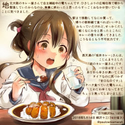 Rule 34 | 1girl, black sailor collar, brown eyes, brown hair, colored pencil (medium), commentary request, cup, curry, curry rice, dated, drinking glass, folded ponytail, food, hair between eyes, holding, holding cup, holding spoon, inazuma (kancolle), kantai collection, kirisawa juuzou, long sleeves, neckerchief, numbered, open mouth, red neckerchief, rice, sailor collar, school uniform, serafuku, short hair, solo, spoon, traditional media, translation request, twitter username