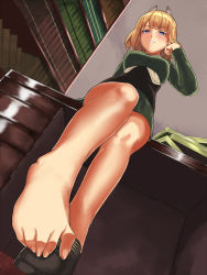 Rule 34 | 10s, 1girl, animal ears, bad id, bad pixiv id, barefoot, blonde hair, blue eyes, blush, book, bookshelf, brave witches, breasts, desk, feet, femdom, foot focus, from below, goji (five clock), gundula rall, indoors, legs, long sleeves, looking down, military, military uniform, on desk, shoes, short hair, single shoe, sitting, smile, solo, strike witches, toes, uniform, world witches series