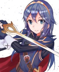 Rule 34 | 1girl, black gloves, blue eyes, blue hair, cape, falchion (fire emblem), fingerless gloves, fire emblem, fire emblem awakening, gloves, hair between eyes, hairband, holding, holding sword, holding weapon, long hair, long sleeves, looking at viewer, lucina (fire emblem), nintendo, open mouth, red cape, sketch, solo, suzumo70, sword, upper body, very long hair, weapon, white background