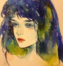 Rule 34 | 1girl, blue hair, closed mouth, commentary, conniekims, english commentary, lips, lipstick, looking afar, looking at viewer, makeup, medium hair, original, painting (medium), photo (medium), portrait, red lips, solo, sparkle, traditional media, watercolor (medium)