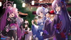 Rule 34 | 4girls, absurdres, aerial fireworks, black hair, black kimono, blue archive, blue eyes, blue kimono, blush, candy apple, closed mouth, commentary, fang, fireworks, flower, food, fox mask, grey hair, grey kimono, hair flower, hair ornament, hairpin, halo, hand fan, hidel, highres, holding, holding fan, holding food, japanese clothes, kimono, koyuki (blue archive), long hair, long sleeves, mask, mask on head, mechanical halo, multiple girls, noa (blue archive), obi, open mouth, paper fan, pink eyes, pink hair, pink halo, purple eyes, purple hair, purple kimono, red eyes, rio (blue archive), sash, seminar (blue archive), skin fang, smile, symbol-only commentary, torii, twintails, uchiwa, v, white flower, wide sleeves, yuuka (blue archive)
