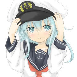 Rule 34 | 10s, 1girl, blue eyes, blush, commentary request, hat, hibiki (kancolle), highres, kantai collection, long hair, looking at viewer, nemuri oto yume, sailor collar, school uniform, serafuku, silver hair, simple background, smile, solo