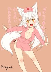 Rule 34 | 1girl, animal ear fluff, animal ears, bare legs, blonde hair, blush, breasts, cleavage, collarbone, contrapposto, cosplay, eyebrows, fang, female focus, fox ears, fox tail, hat, kohaku (yua), large breasts, long hair, long sleeves, looking at viewer, mask, naked shirt, no bra, nurse, nurse cap, open clothes, open mouth, open shirt, original, outstretched arms, shirt, slit pupils, smile, solo, standing, tail, text focus, thick eyebrows, very long hair, white hair, wrists extended, yellow eyes, yua (checkmate)