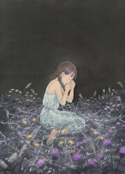 Rule 34 | 1girl, abstract background, bare shoulders, barefoot, black background, brown hair, closed eyes, crying, dandelion, dress, flower, grey dress, heikala, highres, on grass, on ground, original, painting (medium), profile, purple flower, silk, sitting, sleeveless, sleeveless dress, solo, spaghetti strap, spider web, thistle, traditional media, watercolor (medium), yellow flower
