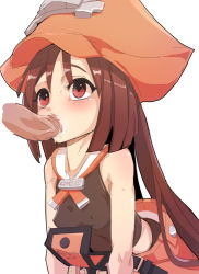 Rule 34 | 1girl, all fours, bare shoulders, blush, breasts, brown hair, censored, covered erect nipples, cum, cum in mouth, fellatio, guilty gear, hat, infraton, long hair, may (guilty gear), no bra, oral, orange pants, pants, penis, red eyes, small breasts, solo focus, very long hair, white background