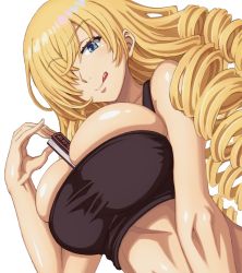 Rule 34 | 1girl, :q, bare arms, bare shoulders, between breasts, black tank top, blonde hair, blue eyes, blush, breasts, cleavage, drill hair, eyes visible through hair, female focus, from below, hair over one eye, hand up, highres, holding, jinrai (owl12), large breasts, long hair, looking at viewer, midriff, neck, oriana thomason, shiny skin, simple background, smile, solo, tank top, toaru majutsu no index, toaru majutsu no index: old testament, toned, toned female, tongue, tongue out, upper body, white background