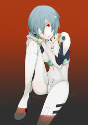 Rule 34 | 1girl, ayanami rei, bandage over one eye, bandages, blue hair, bodysuit, collarbone, expressionless, ghost-q, gradient background, hair between eyes, hand on own knee, head tilt, knee up, lcl, neon genesis evangelion, pale skin, parted lips, partially submerged, pilot suit, plugsuit, red eyes, short hair, sitting, solo, spread legs, turtleneck