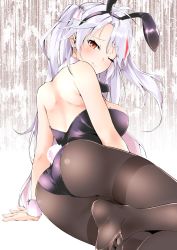 Rule 34 | 1girl, ahoge, animal ears, ass, azur lane, back, backless dress, backless outfit, bad id, bad pixiv id, black pantyhose, breasts, detached collar, dress, fake animal ears, highres, kokonoe sekai, leotard, long hair, looking at viewer, looking back, lying, medium breasts, mole, mole on breast, multicolored hair, on side, one eye closed, pantyhose, patterned background, playboy bunny, prinz eugen (azur lane), rabbit ears, rabbit tail, red eyes, red hair, silver hair, sleeveless, solo, tail, twintails, two-tone hair, wrist cuffs