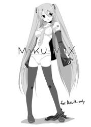 Rule 34 | 1girl, bra, fumio (ura fmo), greyscale, hatsune miku, lingerie, long hair, monochrome, panties, simple background, solo, thighhighs, twintails, underwear, underwear only, very long hair, vocaloid