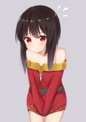 Rule 34 | 1girl, bare shoulders, belt, between legs, blush, brown hair, commentary request, cowboy shot, dress, hand between legs, have to pee, highres, kanekan, kono subarashii sekai ni shukufuku wo!, looking at viewer, megumin, red dress, red eyes, short hair with long locks, simple background, solo, strapless, strapless dress, sweatdrop, tube dress